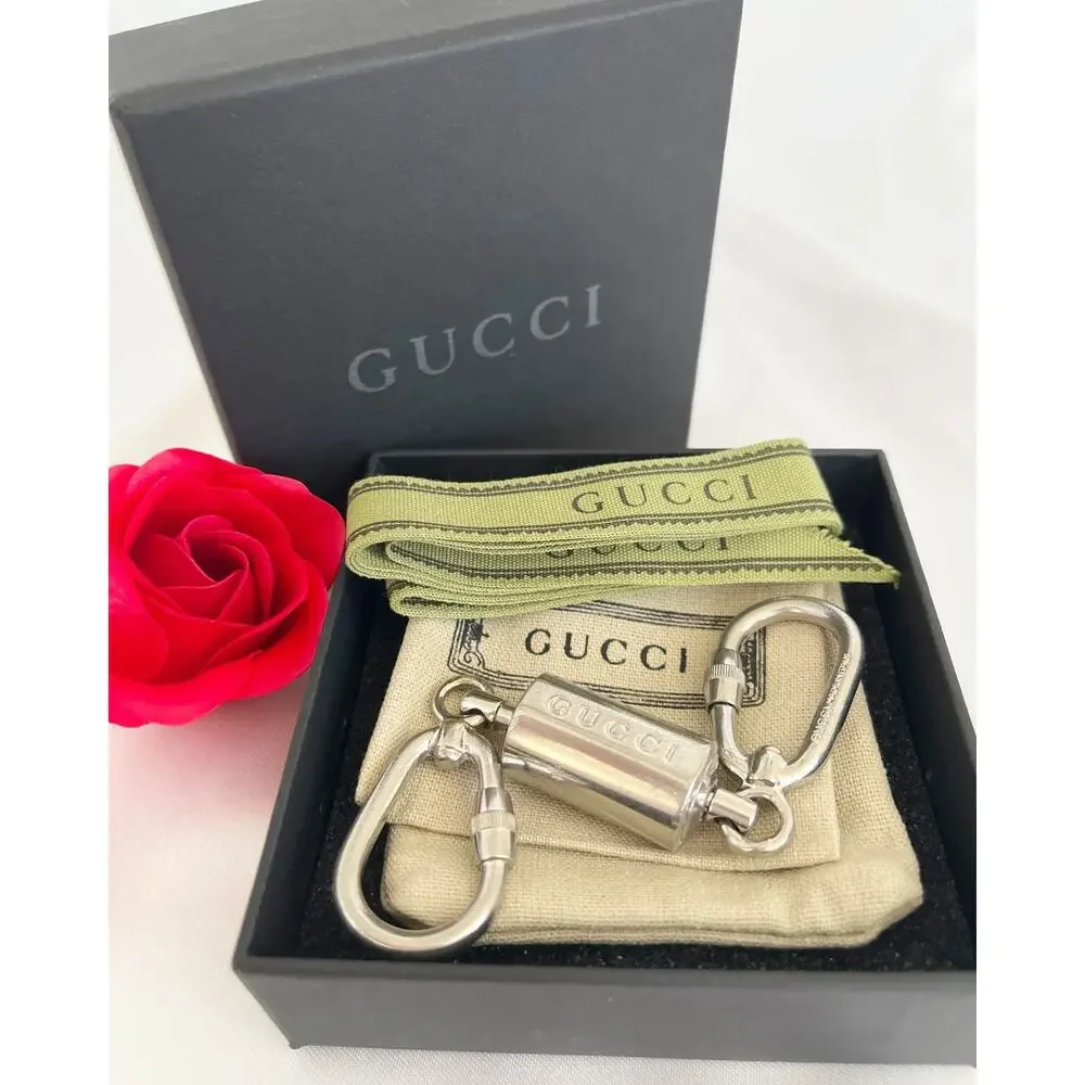GUCCI Valet Key Ring Metal Key Chain Double Carabiner Detachable Logo SilverTone